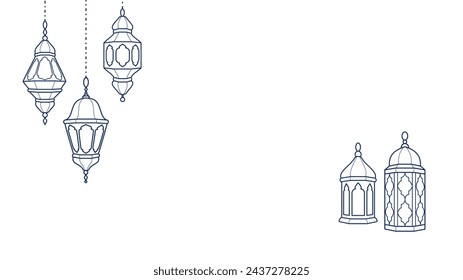 Ramadan lanterns corner decoration. Islamic celebration border. Hanging traditional eastern lamps isolated on white. Muslim holidays line ornaments, frame. Vector