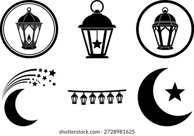 Conjunto de linternas de Ramadán e iconos de vectores de luna creciente, fanático decorativo islámico con estrellas fugaces y luces colgantes para los diseños de saludo de Eid Mubarak y Ramadan Kareem.