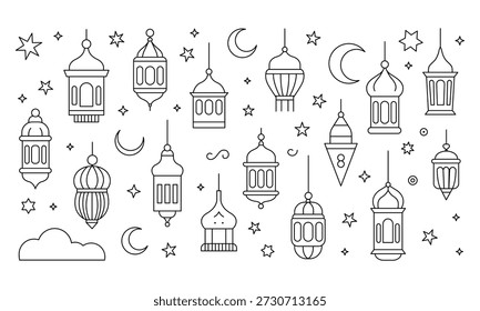 Lanternas do Ramadã e luas crescente com estrelas