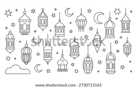Ramadan lanterns and crescent moons with stars
