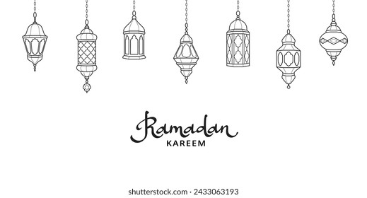 Ramadan lanterns decoration. Islamic celebration border. Hanging traditional eastern lamps isolated on white. Muslim holidays garland. Ramadan calligraphy. Vector