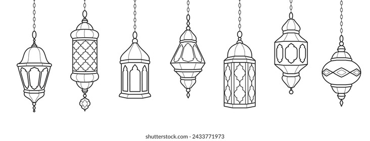 Ramadan lanterns decoration. Islamic celebration border. Hanging traditional eastern lamps isolated on white. Muslim holidays garland. Vector