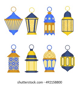 Ramadan Lanterns Flat Design Style Set. Eastern Religious Tradition, Colored Arabic Lamps. Vector illustration of Blue and Yellow Lantern