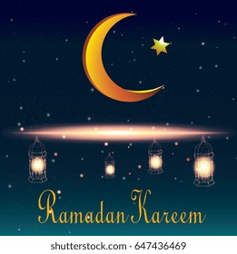 Ramadan lanterns glowing in the starry sky, the moon and the star
