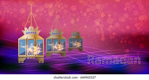Ramadan. Lanterns hang and burn with fire on a bright background. Illustration for your design.