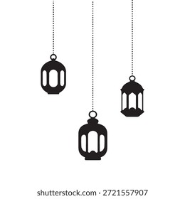 Las linternas de Ramadán que cuelgan de líneas punteadas en estilo blanco y negro es una decoración festiva tradicional con diseño islámico e importancia cultural.