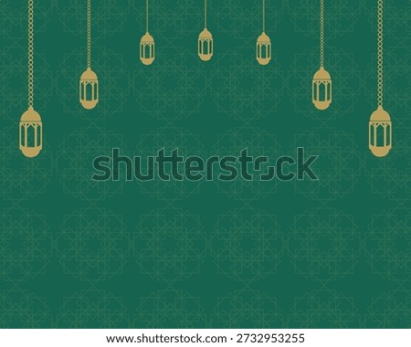 Ramadan lanterns hanging with geometric patterns in gold and green, Islamic theme background