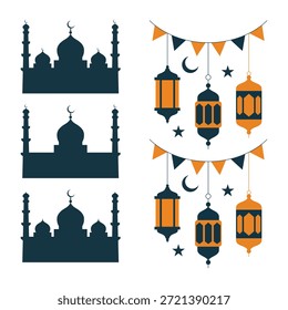 Linternas de Ramadán y siluetas de mezquita sobre fondo blanco
