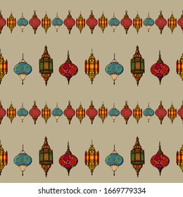Ramadan lanterns, seamless background. Stock illustration. Cartoon style illustration.