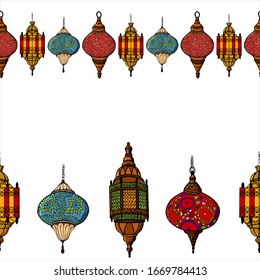 Ramadan lanterns, seamless border. Stock illustration. Cartoon style illustration. White background, isolate.