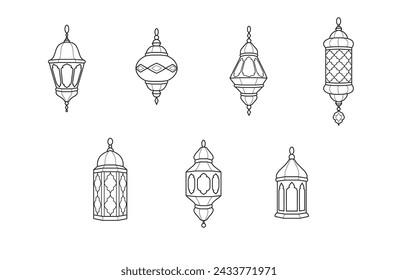 Símbolos de linternas de Ramadán. Iconos de la línea de celebración islámica. Lámparas orientales tradicionales aisladas en blanco. Decoración de las fiestas musulmanas. Vector.