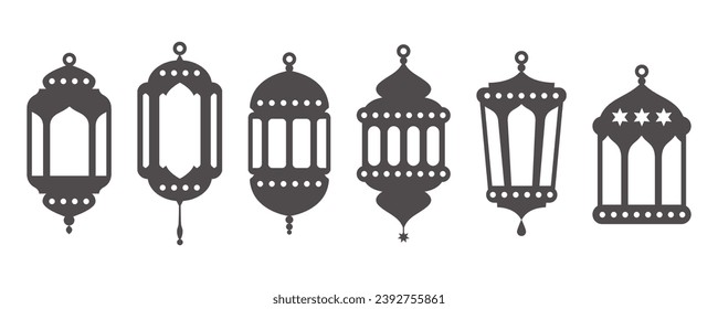 Ramadan-Laternen-Vektorset. Islamische Lampen mit Sternendekoration. muslimische Zierelemente auf weißem Hintergrund. Traditionelle Silhouette für Ferien.