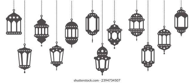 Ramadan lanterns vector set. Islamic lamps with stars decoration. Muslim ornament elements on white background. Traditional silhouette for holidays.