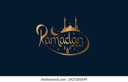 Diseño vectorial de estilo de letra de Ramadán, letra de color dorado de saludo tipo caligrafía aislada sobre fondo azul oscuro