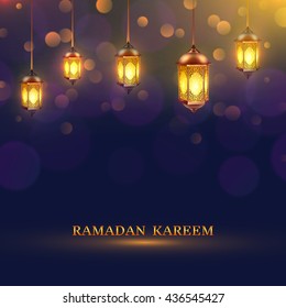 Ramadan lights poster several glowing lamps hanging from the ceiling on a dark blue background and title Ramadan Kareem vector illustration