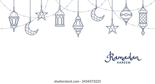 Ramadan line art decoration. Hanging lanterns, crescents, stars. Islamic celebration border. Traditional eastern ornaments, lamps isolated on white. Muslim holidays garland. Ramadan calligraphy.Vector