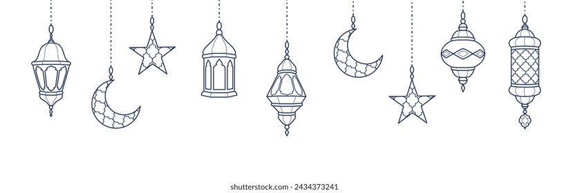 Ramadan line art decoration. Hanging lanterns, crescents, stars. Islamic celebration border. Traditional eastern ornaments, lamps isolated on white. Muslim holidays garland. Vector