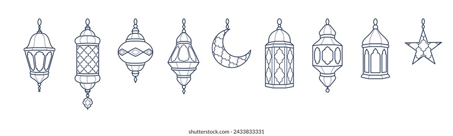 Decoración de arte de línea de Ramadán. Linternas, media luna y símbolos estelares. Iconos de la celebración islámica. Lámparas orientales tradicionales aisladas en blanco. Adornos de la línea de fiestas musulmanas. Vector