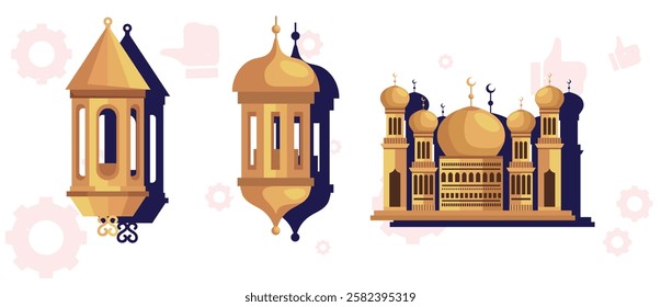 Ramadan line art decoration. Lanterns, crescent and star symbols. Islamic celebration icons. Traditional eastern lamps isolated on white. Muslim holidays line ornaments.