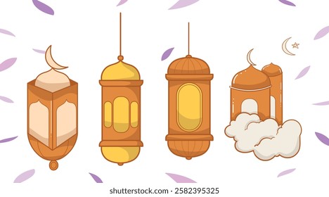 Ramadan line art decoration. Lanterns, crescent and star symbols. Islamic celebration icons. Traditional eastern lamps isolated on white. Muslim holidays line ornaments.