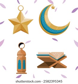 Ramadan line art decoration. Lanterns, crescent and star symbols. Islamic celebration icons. Traditional eastern lamps isolated on white. Muslim holidays line ornaments.