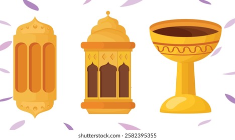 Ramadan line art decoration. Lanterns, crescent and star symbols. Islamic celebration icons. Traditional eastern lamps isolated on white. Muslim holidays line ornaments.