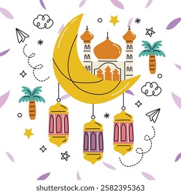 Ramadan line art decoration. Lanterns, crescent and star symbols. Islamic celebration icons. Traditional eastern lamps isolated on white. Muslim holidays line ornaments.