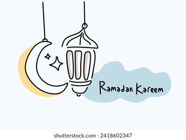 
Ramadan line art moon stars and lantern illustration minimal