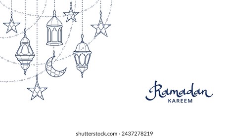 Decoración de esquina de línea de Ramadán. Linternas colgantes, medias lunas, estrellas. Marco de celebración islámica. Adornos orientales tradicionales, lámparas aisladas en blanco. Guirnalda de las fiestas musulmanas. Caligrafía de Ramadán.