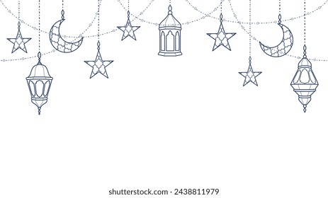 Ramadan line decoration. Hanging lanterns, crescents, stars. Islamic celebration border, frame. Traditional eastern ornaments, lamps isolated on white. Muslim holidays garland. Vector