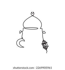 Línea Ramadan - Icono Eid. Dibujo de línea simple de la Mezquita Domo y luna creciente - Linterna. Ilustración vectorial del nombre de la Mezquita Domo para icono, símbolo, logotipo ramadan, eid, hajj, umrah. 