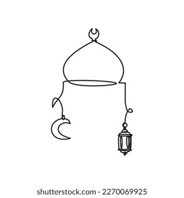 Ramadan Line - Eid Icon. Simple line drawing of Dome Mosque and crescent moon - Lantern. Vector illustration of Mosque ornamen for icon, symbol, logo ramadhan, eid, hajj, umrah. Muslim - Islam Line.