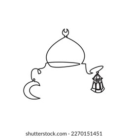 Ramadan Line - Eid Icon. Simple line drawing of Dome Mosque and crescent moon - Lantern. Vector illustration of Dome Mosque ornamen for icon, symbol, logo ramadan, tarawih, eid, hajj, umrah. 
