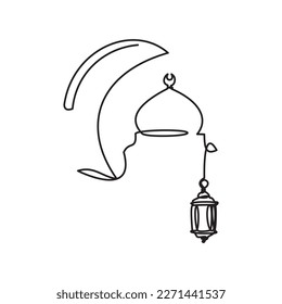 Ramadan Line - Eid Icon. Single line drawing of Crescent Moon - Mosque Dome and Lantern. Vector illustration of Mosque Dome ornament for icon, symbol, logo Ramadan, Tarawih, and Eid. Islam Muslim Eps.