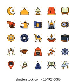 Ramadan line and fill style icon set design, Islamic muslim religion culture belief religious faith god spiritual meditation and traditional theme Vector illustration