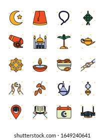 Ramadan line and fill style icon set design, Islamic muslim religion culture belief religious faith god spiritual meditation and traditional theme Vector illustration