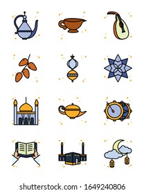 Ramadan line and fill style icon set design, Islamic muslim religion culture belief religious faith god spiritual meditation and traditional theme Vector illustration