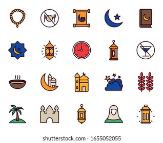 Ramadan line and fill style icon set design, Islamic muslim religion culture belief religious faith god spiritual meditation and traditional theme Vector illustration