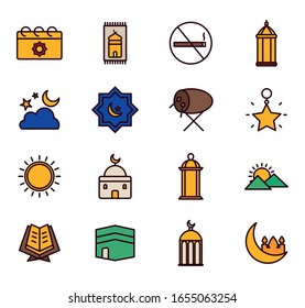 Ramadan line and fill style icon set design, Islamic muslim religion culture belief religious faith god spiritual meditation and traditional theme Vector illustration