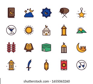 Ramadan line and fill style icon set design, Islamic muslim religion culture belief religious faith god spiritual meditation and traditional theme Vector illustration