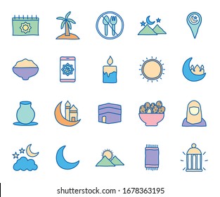 Ramadan line and fill style icon set design, Islamic muslim religion culture belief religious faith god spiritual meditation and traditional theme Vector illustration