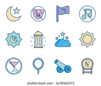 Ramadan line and fill style icon set design, Islamic muslim religion culture belief religious faith god spiritual meditation and traditional theme Vector illustration