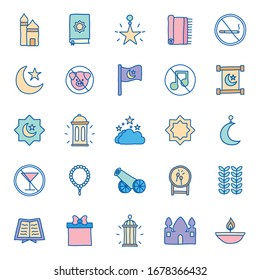 Ramadan line and fill style icon set design, Islamic muslim religion culture belief religious faith god spiritual meditation and traditional theme Vector illustration