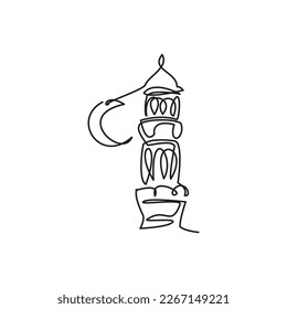 Ramadan Line Icon - Eid Icon Line. One line drawing of minaret and crescent moon. Vector illustration of minaret and crescent moon for icon, symbol, logo ramadan, eid, hajj, umrah.