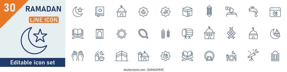 Ramadan line icon set. Set of 30 outline icons related to Ramadan, Quran, mosque, Ramadan fasting, Islam, lantern and others. Editable stroke. Vector illustration.