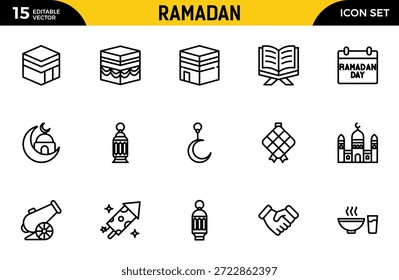 Conjunto de iconos de línea de Ramadán. Contiene iconos de contorno lineal como Islam, Eid Mubarak, Mezquita, Musulmán, Ramadán, La Meca, Linterna, Camello, Corán, Rezar. Paquete de iconos de contorno delgado. Ilustración vectorial