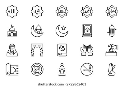 Conjunto de ícones da linha do Ramadã. Conter ícones de contorno linear como Islã, Eid Mubarak, Mesquita, Muçulmano, Ramadã, Meca, Lanterna, Camelo, Alcorão, Rezar. Pacote fino de ícones de estrutura de tópicos. Ilustração vetorial