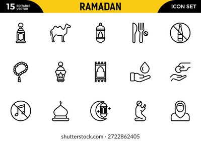 Conjunto de iconos de línea de Ramadán. Contiene iconos de contorno lineal como Islam, Eid Mubarak, Mezquita, Musulmán, Ramadán, La Meca, Linterna, Camello, Corán, Rezar. Paquete de iconos de contorno delgado. Ilustración vectorial