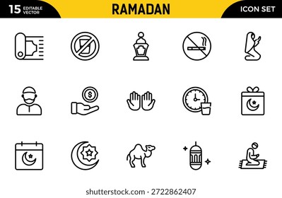 Conjunto de iconos de línea de Ramadán. Contiene iconos de contorno lineal como Islam, Eid Mubarak, Mezquita, Musulmán, Ramadán, La Meca, Linterna, Camello, Corán, Rezar. Paquete de iconos de contorno delgado. Ilustración vectorial