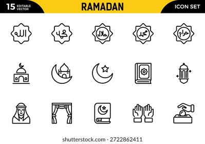 Conjunto de iconos de línea de Ramadán. Contiene iconos de contorno lineal como Islam, Eid Mubarak, Mezquita, Musulmán, Ramadán, La Meca, Linterna, Camello, Corán, Rezar. Paquete de iconos de contorno delgado. Ilustración vectorial